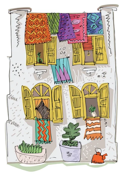 Fasada Tradycyjnego Rocznika Marokański Dom Ozdobiony Tradycyjnymi Orientalnymi Dywanami Średniowieczne — Wektor stockowy
