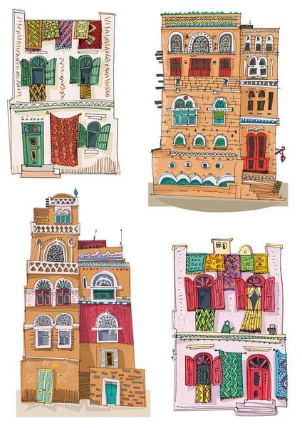 Hagyományos Arab Jemeni Marokkói Építészet Rajzfilm Karikatúra Kézzel Rajzolt Vektorral — Stock Vector
