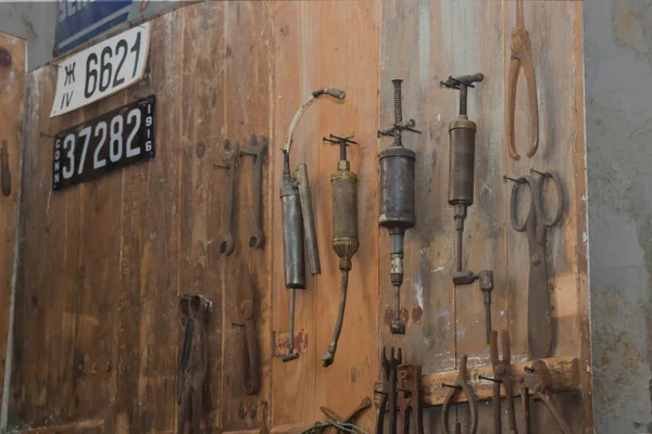 Mechanical Workshop Old Rusty Tools Board Belgrade Serbia — Stock Photo, Image