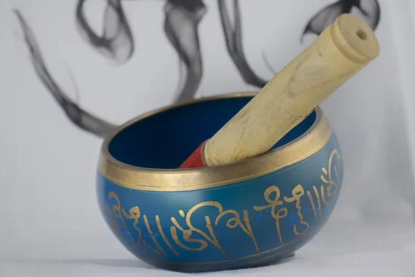 Hand Crafted Bronze Singing Bowl Painted Blue Gold Color Often — Stock Photo, Image