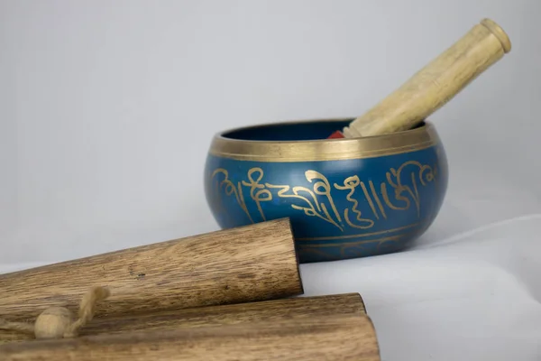 Hand Made Blue Gold Singing Bowl Used Meditation Yoga — Stock Photo, Image