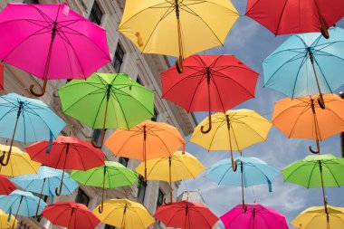 Romanya'nın Timisoara şehrinin sokaklarında renkli şemsiyesüslemeleri