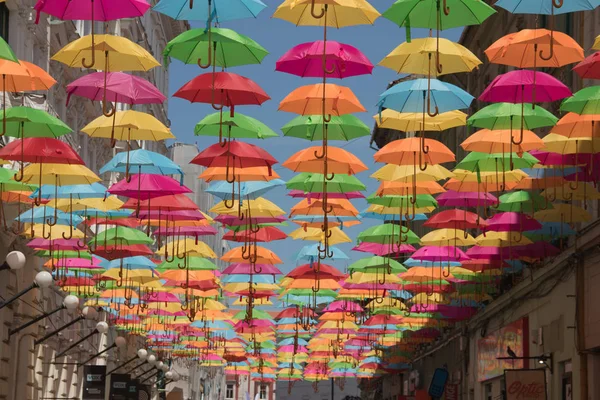 罗马尼亚蒂米索拉市街道上五颜六色的雨伞装饰 — 图库照片