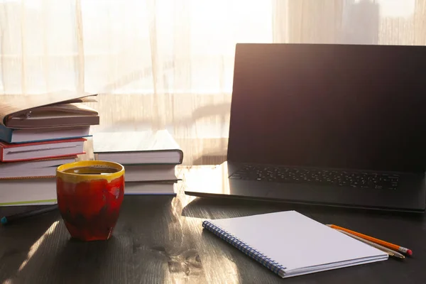 Laptop, buku dan secangkir kopi. Ruang kerja rumah yang nyaman di pagi hari — Stok Foto