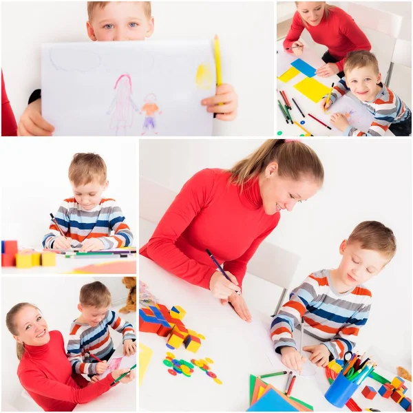 Koláž z fotek matky a syna, jak dělají domácí úkoly — Stock fotografie