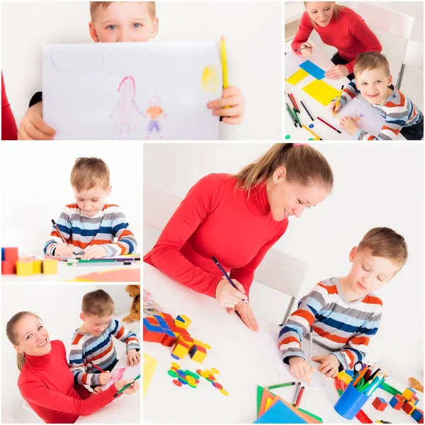 Collage from some pictures of mother and son doing homework — Stock Photo, Image