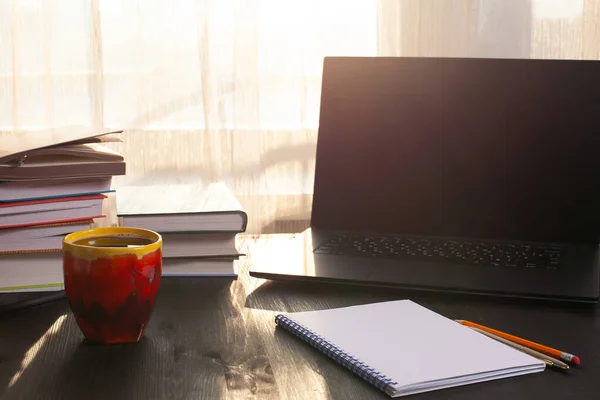 Laptop, Bücher und Kaffee. gemütlicher Arbeitsplatz zu Hause am Morgen — Stockfoto