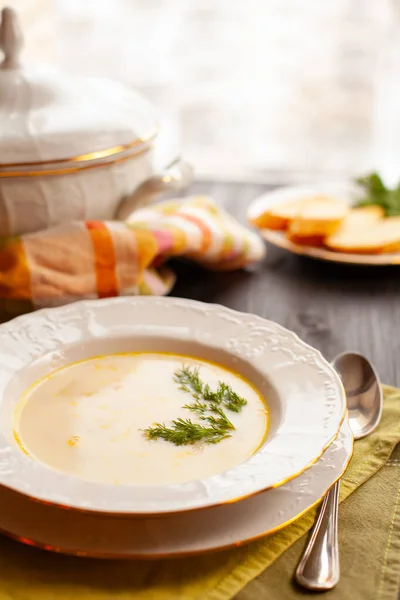 Creamy fish soup with salmon and potatoes — Stock Image Creamy fish soup with salmon and potatoes Stock Photo