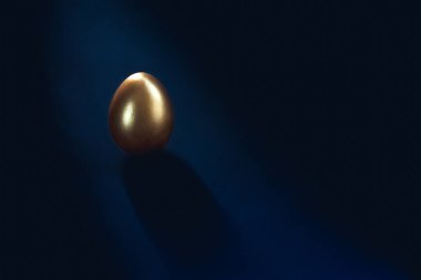 Koyu mavi arka planda altın yumurta spot ışıklarında tek başına duruyor.
