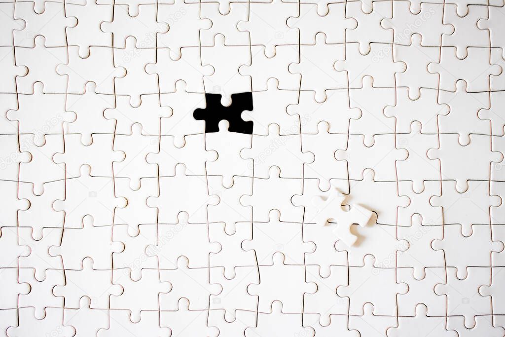 Empty white collected puzzle with one notfinished detail, mockup