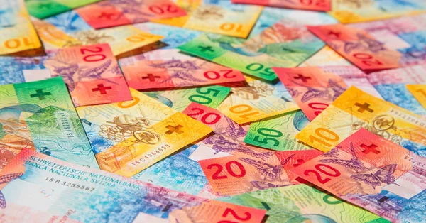 Sammlung Der Neuen Glänzenden Schweizer Banknoten Die 2017 Ausgegeben Wurden — Stockfoto