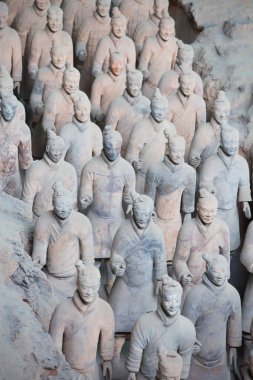 XIAN, CHINA - October 8, 2017: Famous Terracotta Army in Xi'an, China. Mausoleum of Qin Shi Huang, first Emperor of China contains collection of terracotta sculptures of armored men and horses. clipart