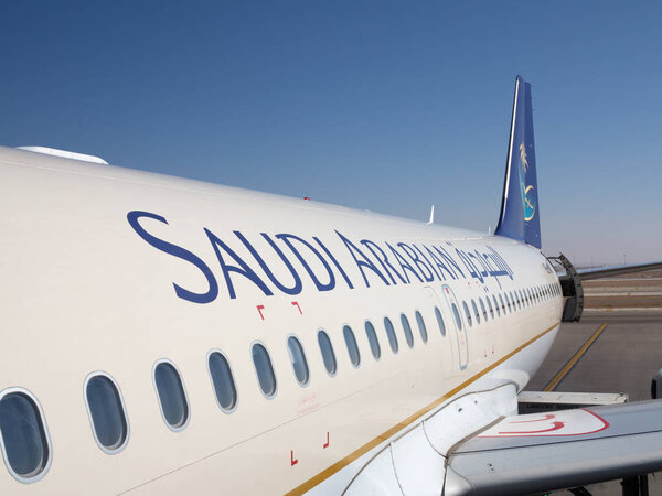 Riyadh - March 01:  Planes preparing for take off at Riyadh King Khalid Airport on March 01, 2016 in Riyadh, Saudi Arabia. Riyadh airport is home port for Saudi Arabian Airlines.