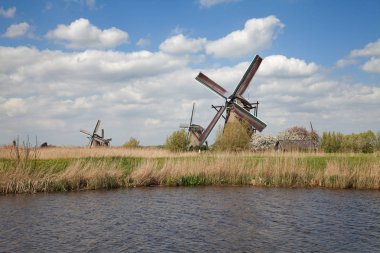 Hollanda Kinderdijk yakınlarında antik yel değirmenleri
