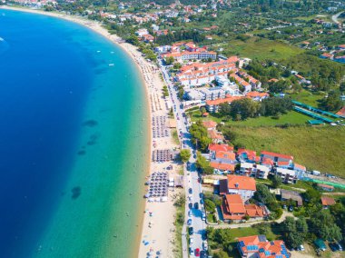 Sitonia, Chalkidiki bölgesindeki güzel plajın hava fotoğrafı, Yunanistan