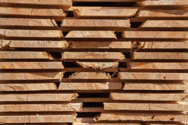 Kereste deposunda bir yığın yeni ahşap çivi.