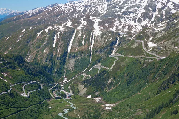 Serpentine road connectine alpine passes Furka and Grimsel