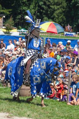 AGASUL, SWitzERLAND - 18 Ağustos 2012 'de Agasul, Canton Zürih, İsviçre' deki Kyburg şatosunun yeniden inşası sırasında attaki şövalye zırhı giymiş kimliği belirsiz adamlar harekete geçmeye hazırlar..