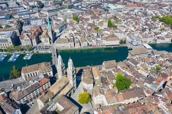 Limmat Nehri Nin Ünlü Zürih Kiliselerinin Havadan Görünüşü Zürih Sviçre — Stok fotoğraf