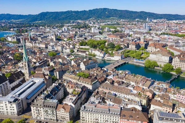 Aerial View Limmat River Famous Zurich Churches Zurich Important Financial — Stock Photo, Image