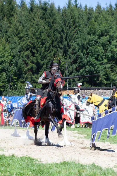 Agasul Switzerland August Unidentified Men Knight Armor Horse Ready Action — Stock Photo, Image