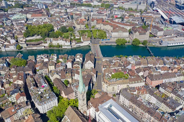 Aerial View Limmat River Famous Zurich Churches Zurich Important Financial — Stock Photo, Image