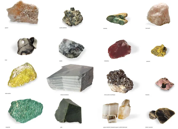 Conjunto de minerais brutos e minérios com nomes isolados sobre fundo branco — Fotografia de Stock