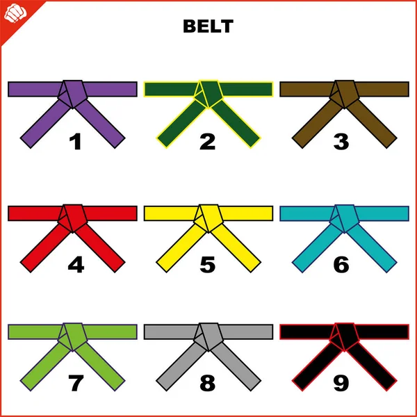 Gekleurde Gordels Voor Vechtsporten Kimono Set Dogi Karate Bjj Judo — Stockvector