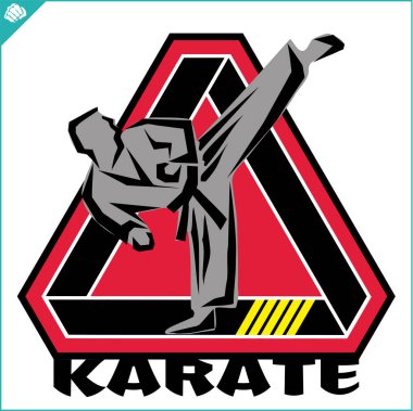 Karate yüksek tekme yaratıcı tasarım amblemi. Savaş sanatı erkek, renkli logo. 