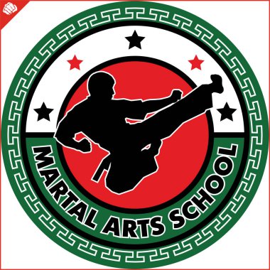 Karate yüksek tekme amblemi. Savaş sanatı erkek tasarım renkli. Vektör, Eps.