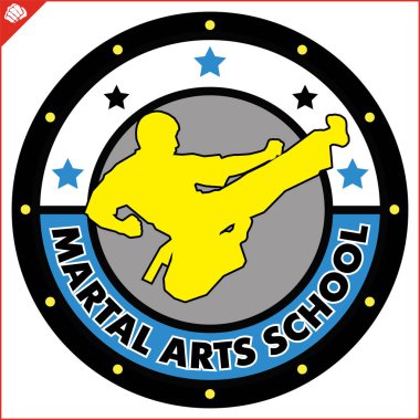 Karate yüksek tekme amblemi. Savaş sanatı erkek tasarım renkli. Vektör, Eps.