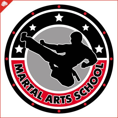Karate yüksek tekme amblemi. Savaş sanatı erkek tasarım renkli. Vektör, Eps.