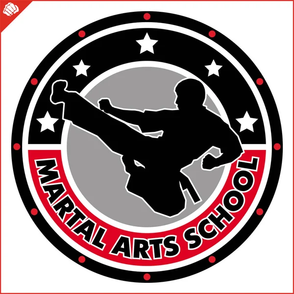 Karate high kick emblem. Martial art colored simbol design. Vector, EPS.