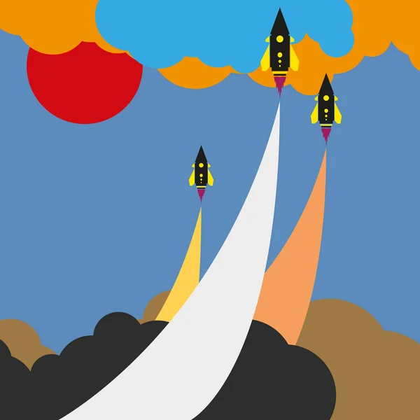 Gekleurde Kunst Cartoon Raket Jet Wolk Blauwe Lucht — Stockvector