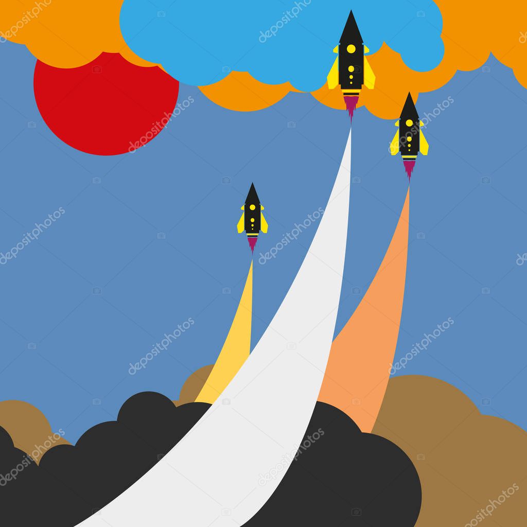 Colored art cartoon rocket jet in cloud blue sky