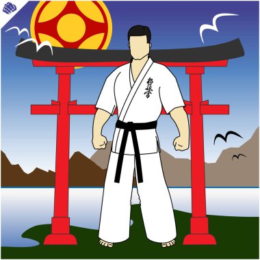 Karate amblemi. Hierogliph Kyokushinkai Way Yeni Karate çevirmek. Dövüş sanatı yaratıcı renkli simbol tasarım. Vektör, Eps.