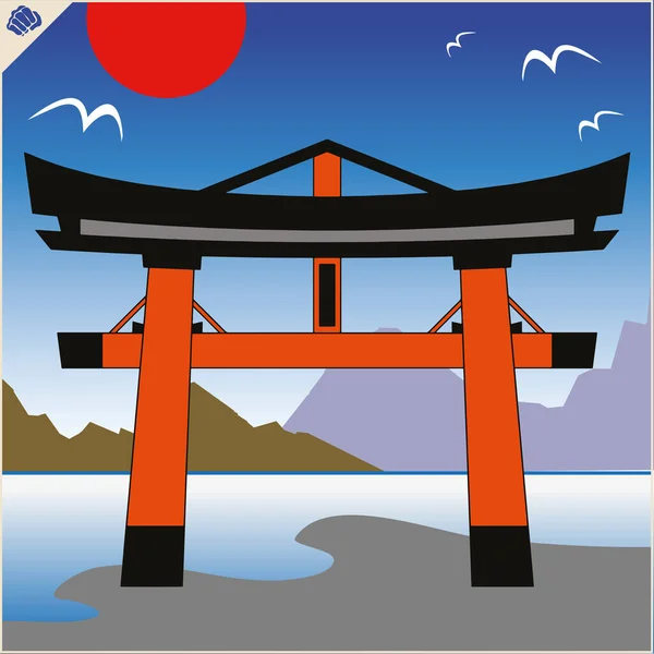 Japan traditionell grind Torii, himmel och mountaine. Vektor. Eps — Stock vektor