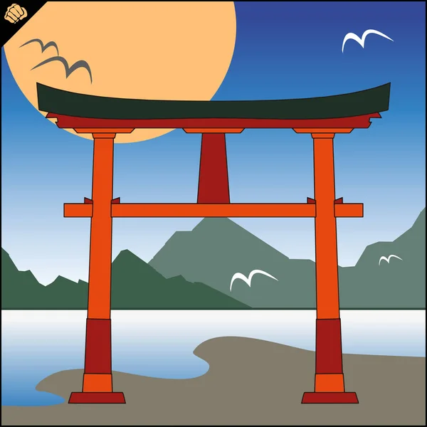 Japonia tradycyjny Torii bramy, niebo i mountaine. Wektor. Eps — Wektor stockowy