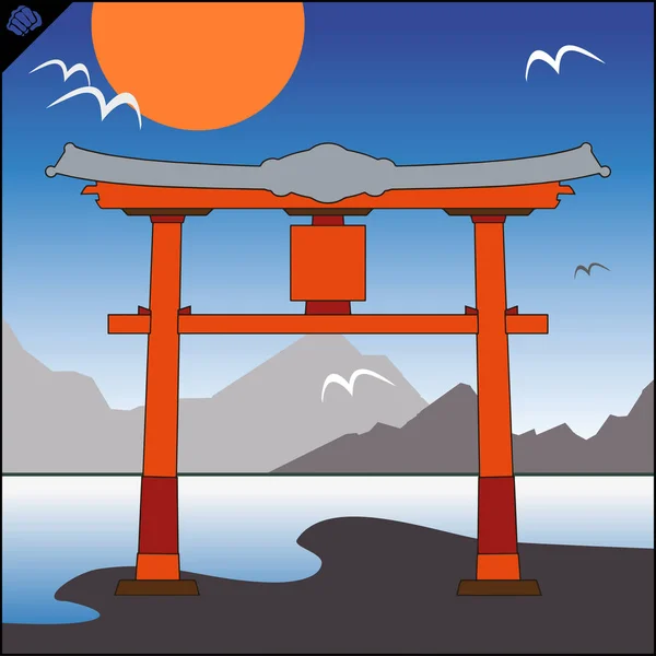 Japón torii puerta tradicional, cielo y montaña. Vector. EPS — Archivo Imágenes Vectoriales