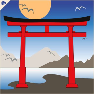 Japonya geleneksel kapı torii , gökyüzü ve dağ. Vektör. Eps