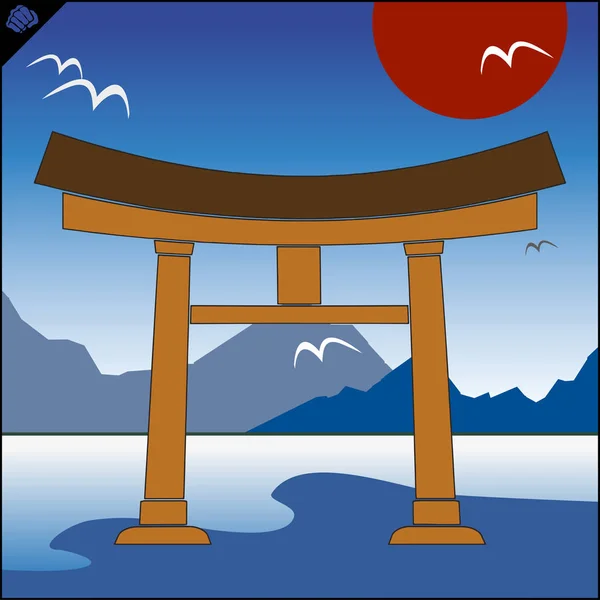 Giappone porta tradizionale torii, cielo e montagna. Vettore. EPS — Vettoriale Stock