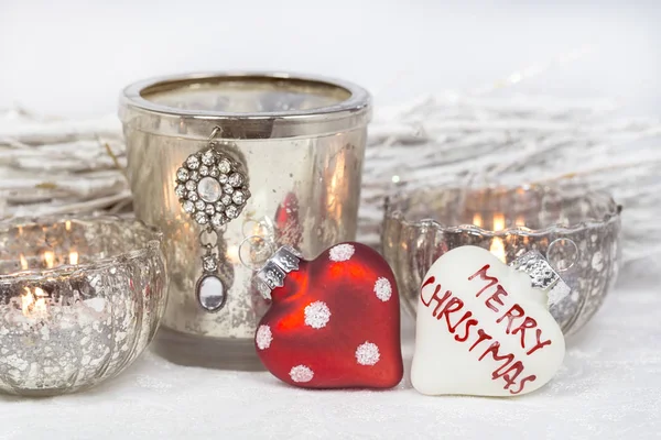 Red White Heart Shaped Christmas Ornaments Candles — Stock Photo, Image