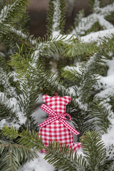 Mignon Chat Tissu Carreaux Blanc Rouge Avec Branches Sapin Recouvertes — Photo