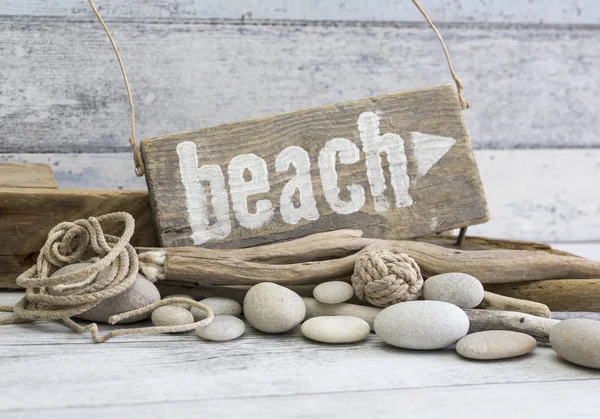 Beach Still Life Sign Pebble Driftwood — Stock Photo, Image