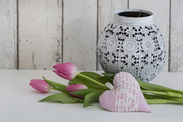 Feminine Spring Still Life Pink Tulips Fabric Heart Lantern — Stock Photo, Image