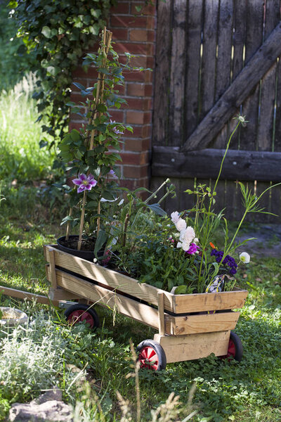 Летний пейзаж загородного дома с старинной тележкой, полной цветов и старых садовых ворот
