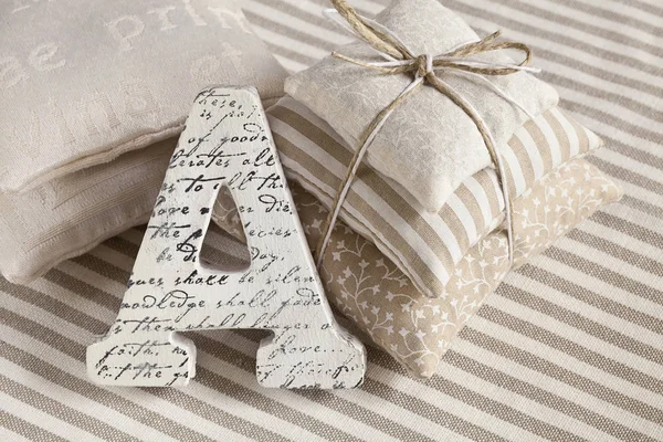 Nostalgic Still Life Wooden Letter Cute Pile Little Pillows — Stock Photo, Image