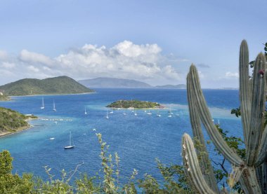 Büyük Camanoe doğal görünümünden Marina Cay İngiliz Virgin Adaları, BVI yelken alanındaki en popüler ankrajları biri için