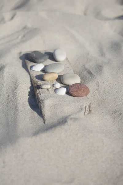 Dalgaların karaya attığı odun üzerinde Beach bulgular çakıl koleksiyon — Stok fotoğraf