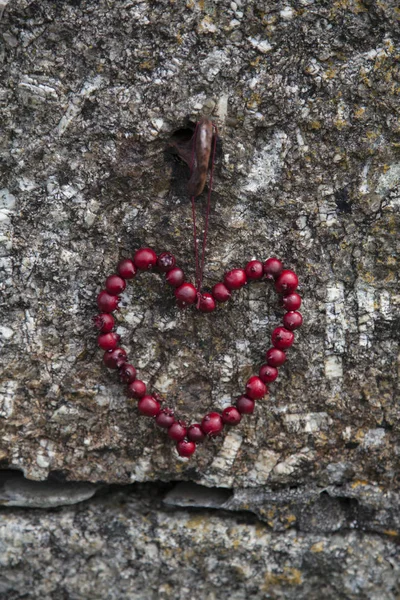 Corazón de baya roja en la pared de piedra — Foto de Stock